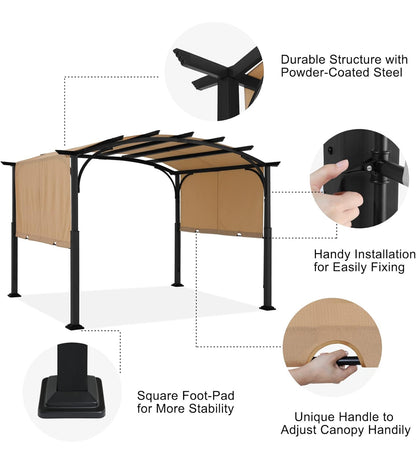 Pérgola para exteriores de 10 x 10 pies, cenador arqueado para patio con sombra retráctil, color beige