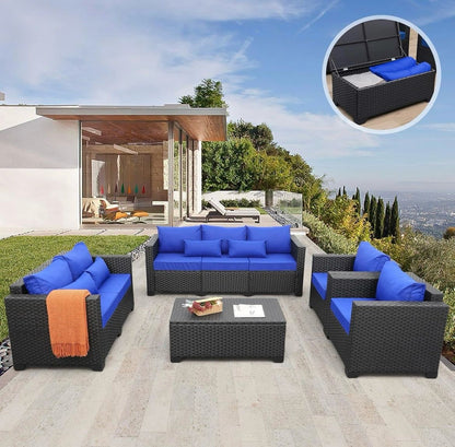 Pre-venta Juego de muebles de patio para exteriores de 5 piezas cojines azul pavo real, mesa de almacenamiento de ratán)mimbre negro