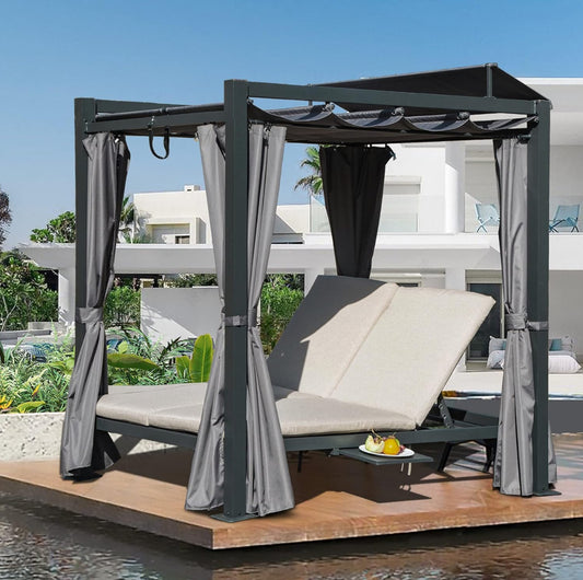 Domi Sofá cama de aluminio para patio al aire libre con cama retráctil con dosel retráctil, cortina gris con cojín beige y soporte para tazas.