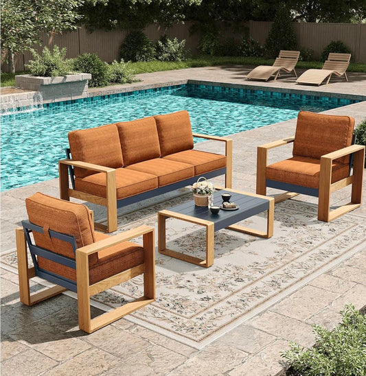 Pre orden Juego de muebles de patio de aluminio de 4 piezas. Cojines color naranja