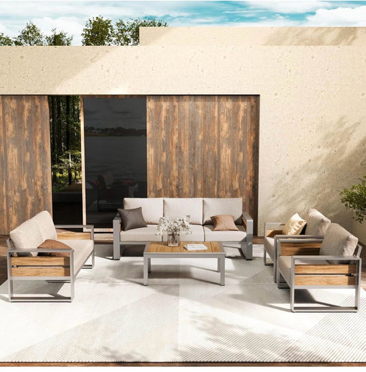 Pre-venta Juego de muebles de patio al aire libre con marco de aluminio y mesa auxiliar (plata, juego de 5 piezas) cojines crema