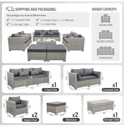 Pre-venta Juego de muebles de patio de ratán gris, 7 piezas. Mimbre gris con cojines gris. Mesa storage