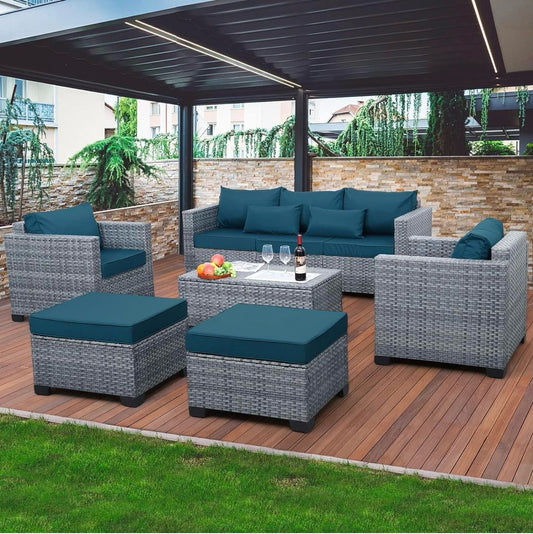 Pre-Venta Juego de muebles de mimbre para patio de 6 piezas mimbre gris cojines azul eléctrico.