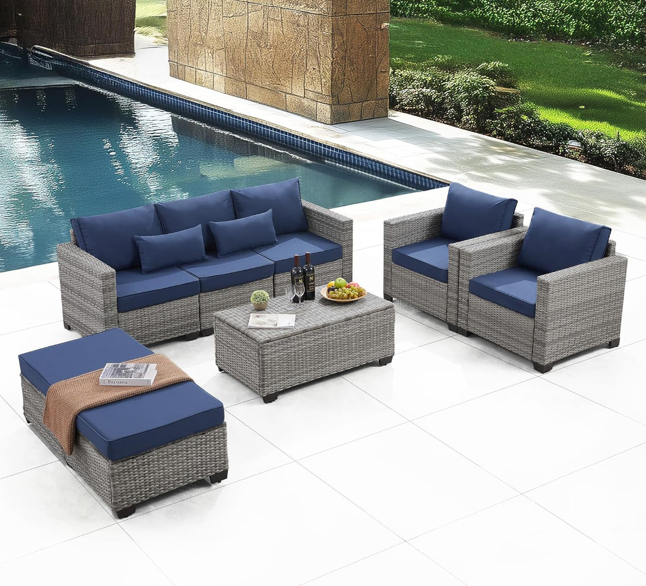 Juego de muebles de patio de ratán gris, 6 piezas. Mimbre gris con cojines azul marino . Mesa storage