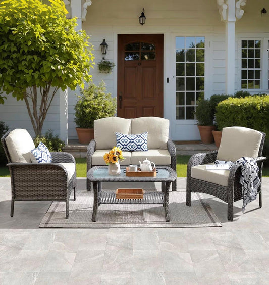Pre-venta Juego de muebles de 4 piezas para patio, sofá biplaza de mimbre de ratán con respaldo alto y cómodos (gris y crema)