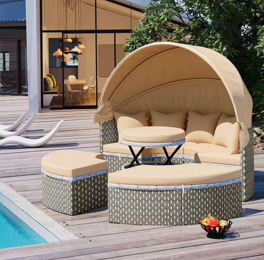 Juego de sofá modular redondo para todo tipo de clima para exteriores con toldo retráctil, sofá cama de ratán de dos tonos con asiento separado y cojín extraíble, café claro.