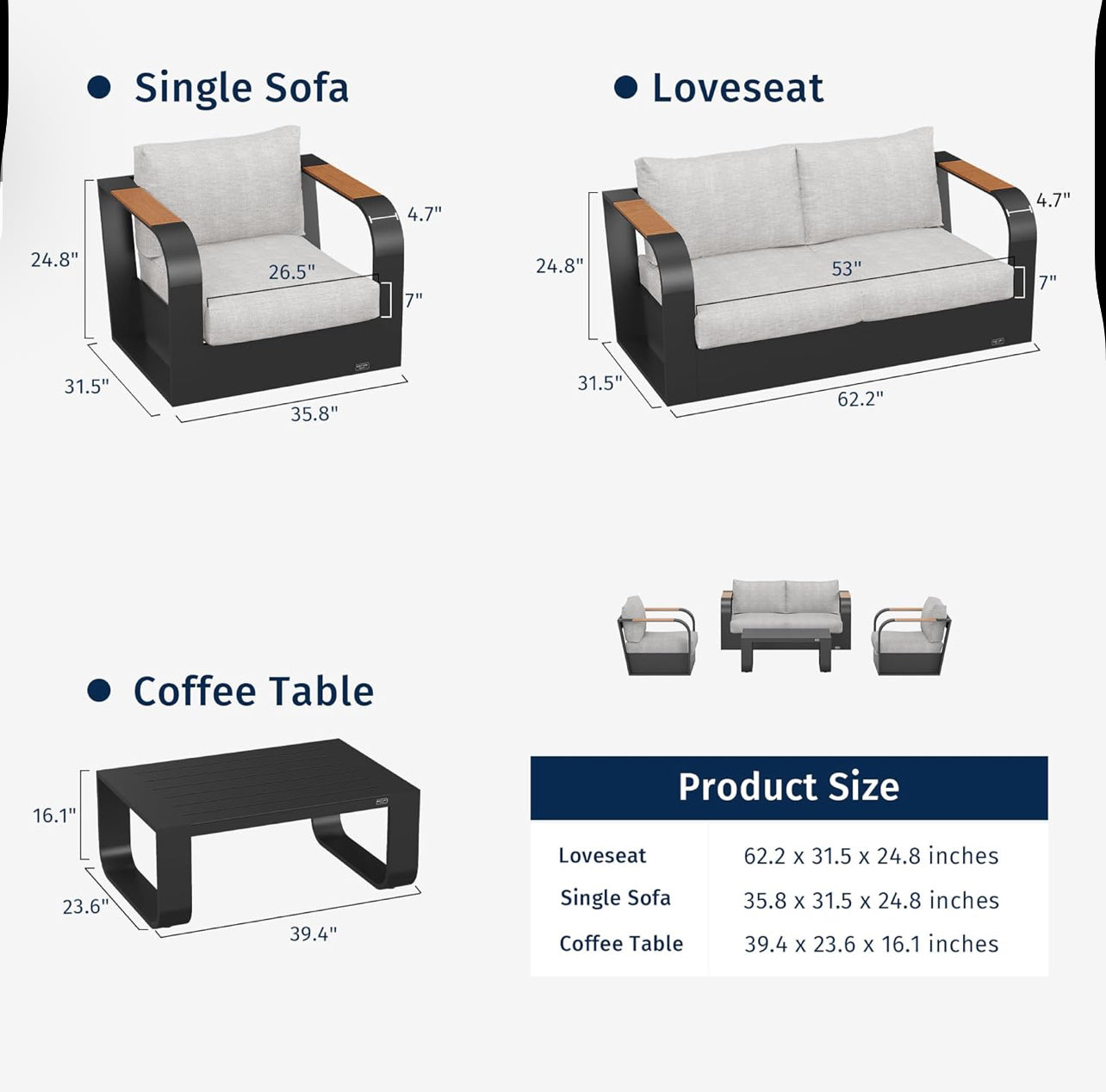 Juego de muebles de patio de 4 piezas, muebles de exterior con marco de aluminio, asientos profundos para exteriores.