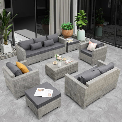 Pre-venta Juego de muebles de patio de ratán gris, 7 piezas. Mimbre gris con cojines gris. Mesa storage
