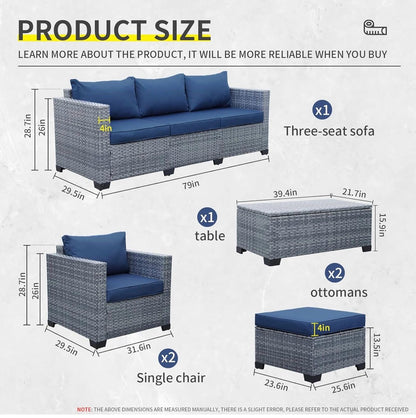 Pre-Venta Juego de muebles de mimbre para patio de 6 piezas, azul real mimbre gris