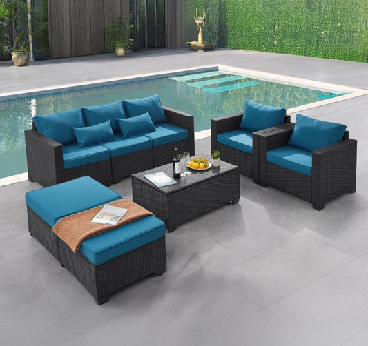 Juego de mueble 6 piezas mimbre negro cojines azul real.