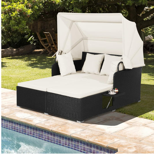 Cama al aire Libre con toldo mimbre negro cojines blanco