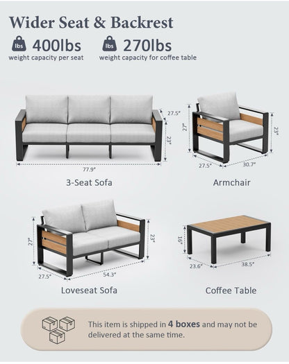 Juego de muebles gris y crema de aluminio para patio al aire libre, 5 piezas de metal moderno seccional para conversación exterior con mesa auxiliar y cojines gruesos lavables, sofá de asiento para jardín. Cojines gris
