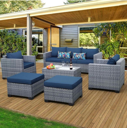 Pre-Venta Juego de muebles de mimbre para patio de 6 piezas, azul real mimbre gris