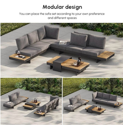 Pre-venta  Juego de sofá L de aluminio y teca para exteriores con respaldos ajustables, impermeables, cojines resistentes a la intemperie. Color gris y gris