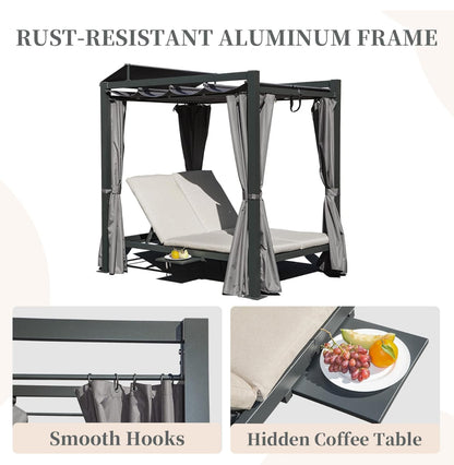 Domi Sofá cama de aluminio para patio al aire libre con cama retráctil con dosel retráctil, cortina gris con cojín beige y soporte para tazas.